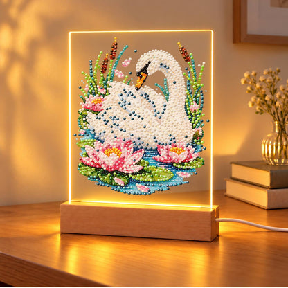Swan Among Pink Water Lilies (Light-Up Pearl Painting)
