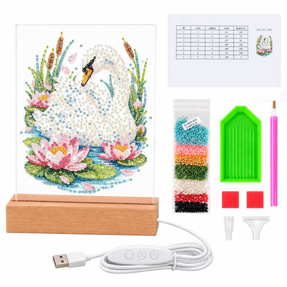 Swan Among Pink Water Lilies (Light-Up Pearl Painting)