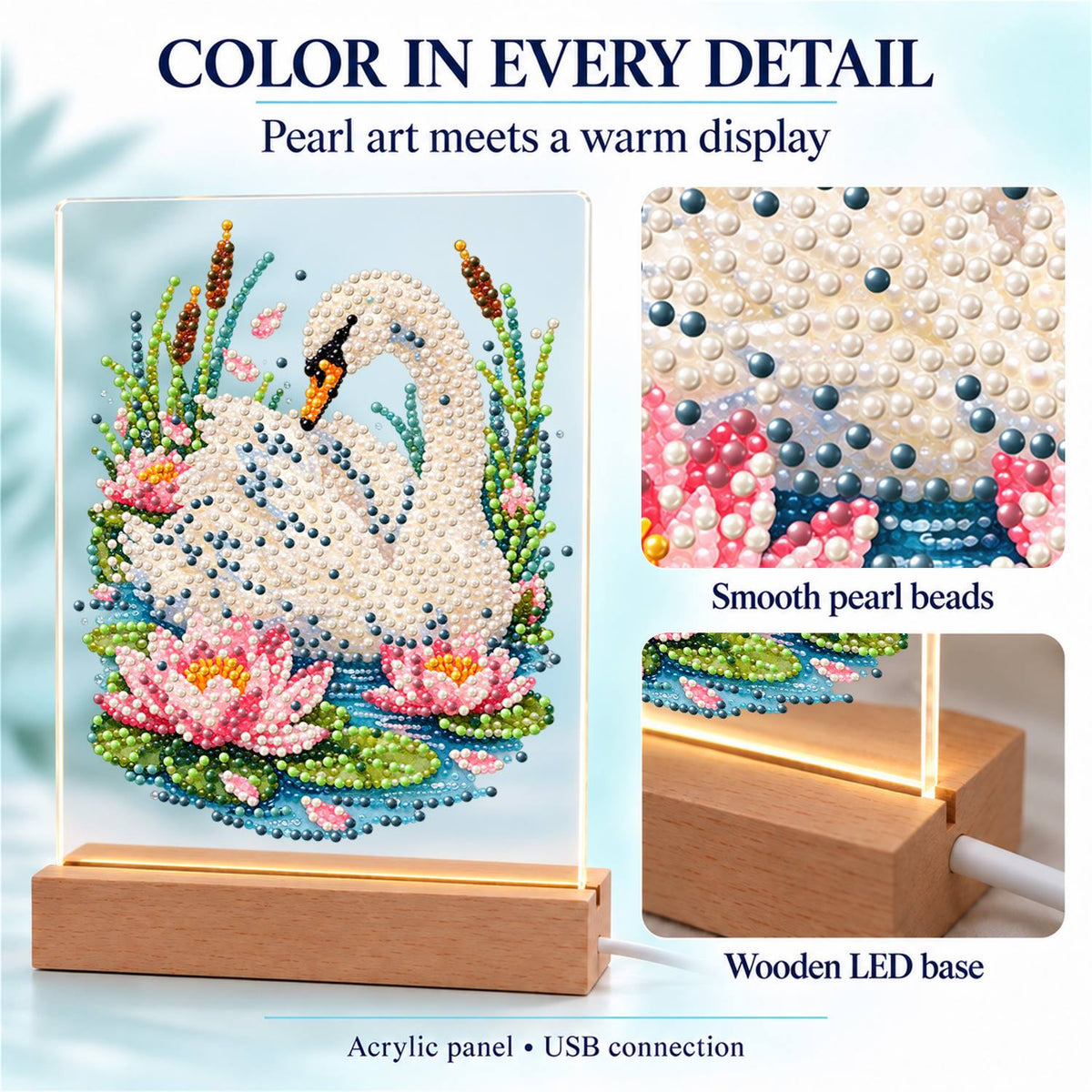 Swan Among Pink Water Lilies (Light-Up Pearl Painting)
