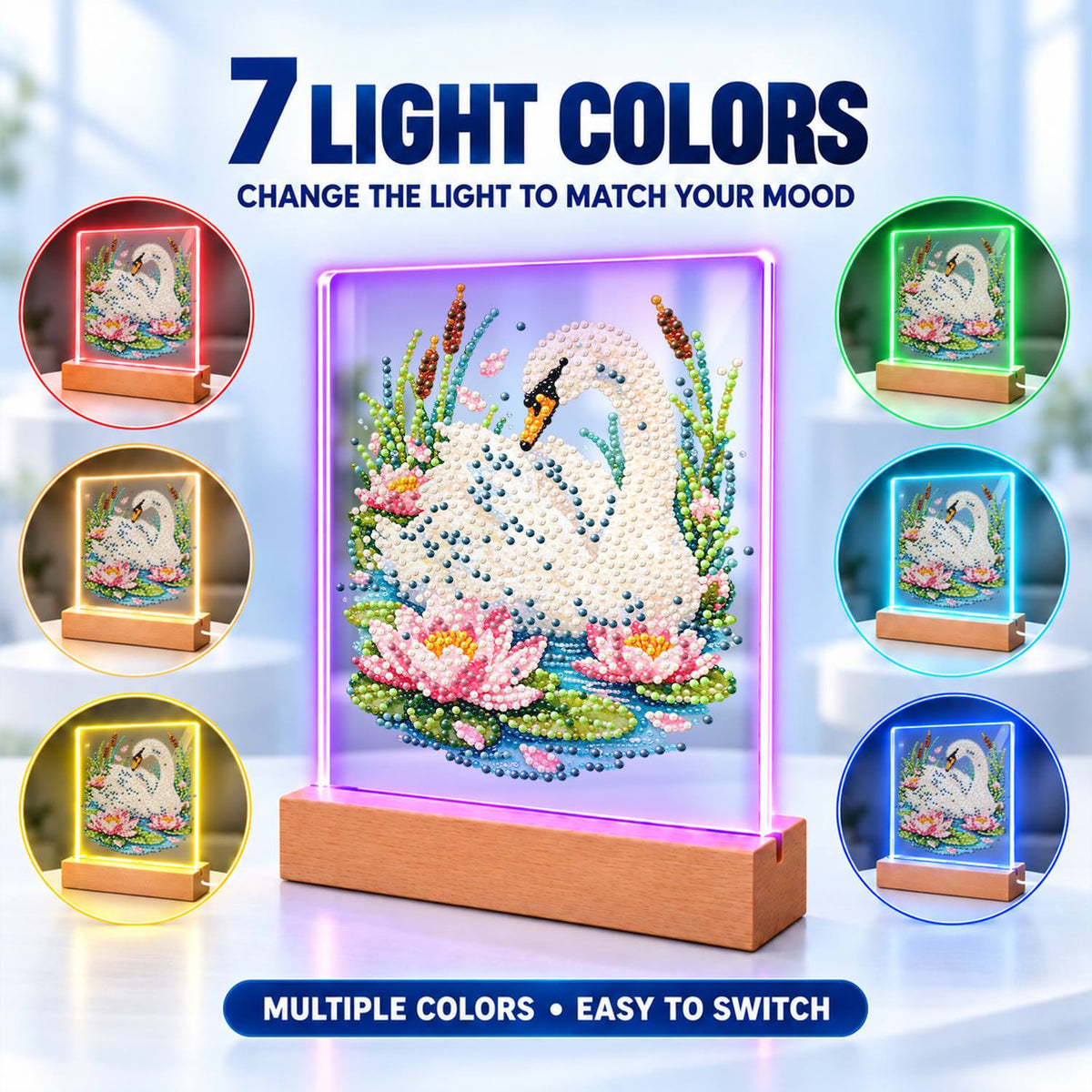 Swan Among Pink Water Lilies (Light-Up Pearl Painting)
