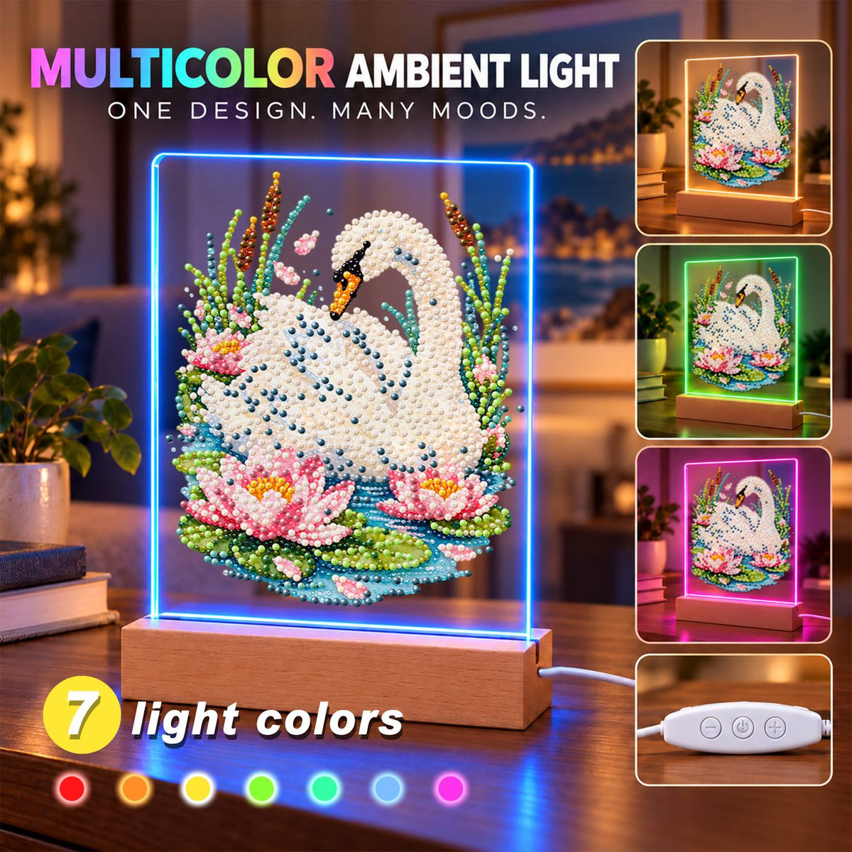 Swan Among Pink Water Lilies (Light-Up Pearl Painting)
