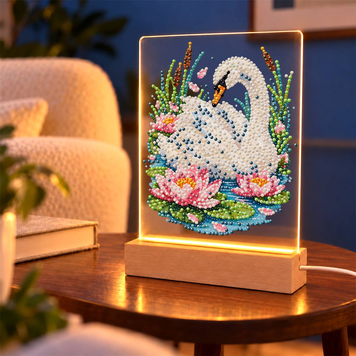 Swan Among Pink Water Lilies (Light-Up Pearl Painting)