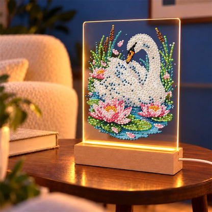 Swan Among Pink Water Lilies (Light-Up Pearl Painting)