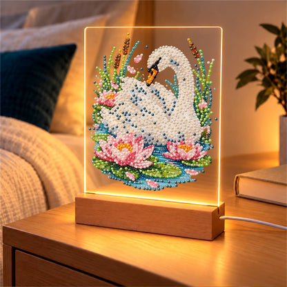Swan Among Pink Water Lilies (Light-Up Pearl Painting)