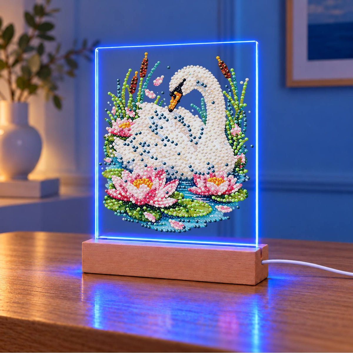 Swan Among Pink Water Lilies (Light-Up Pearl Painting)