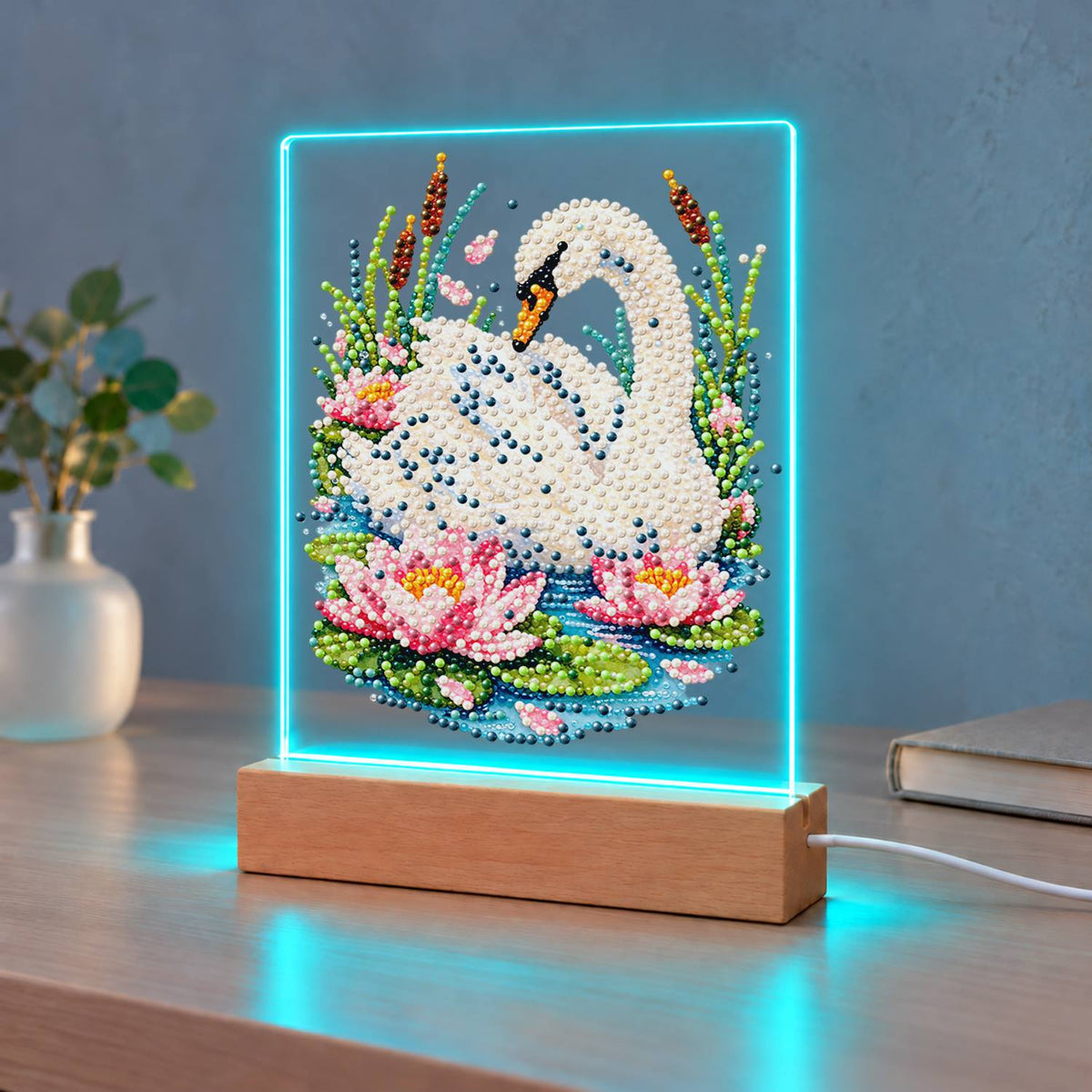 Swan Among Pink Water Lilies (Light-Up Pearl Painting)