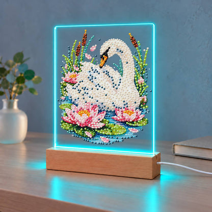 Swan Among Pink Water Lilies (Light-Up Pearl Painting)