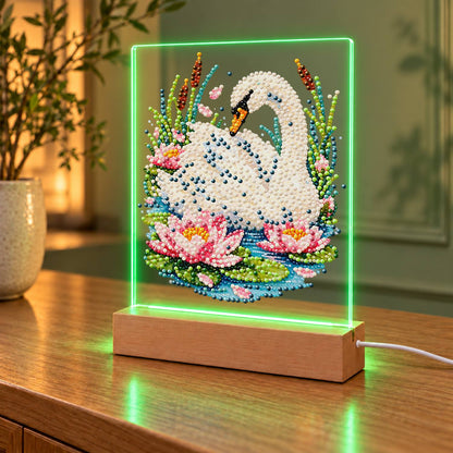 Swan Among Pink Water Lilies (Light-Up Pearl Painting)