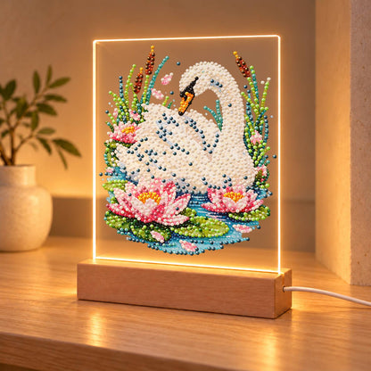 Swan Among Pink Water Lilies (Light-Up Pearl Painting)