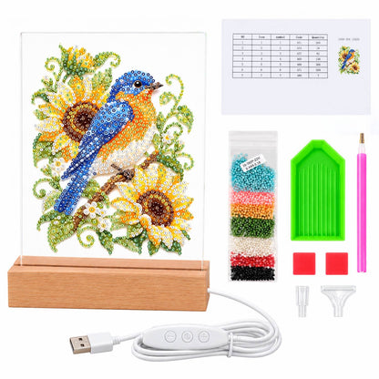 Bluebird on a Sunflower Branch (Light-Up Pearl Painting)