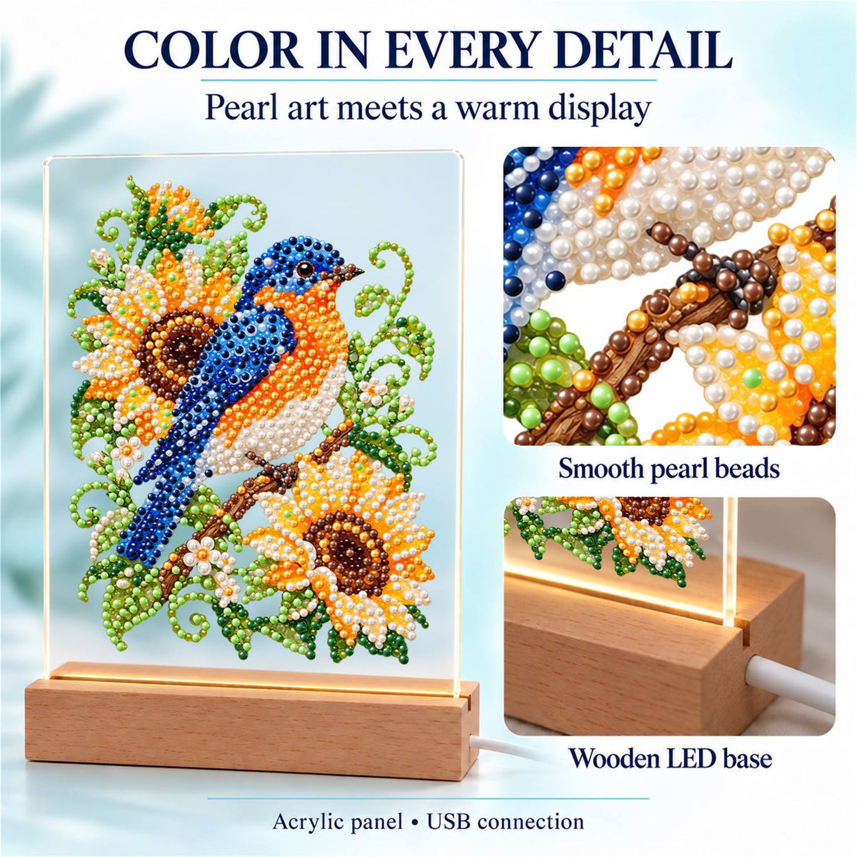 Bluebird on a Sunflower Branch (Light-Up Pearl Painting)