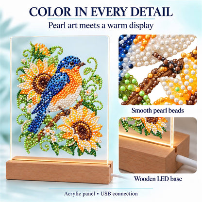 Bluebird on a Sunflower Branch (Light-Up Pearl Painting)