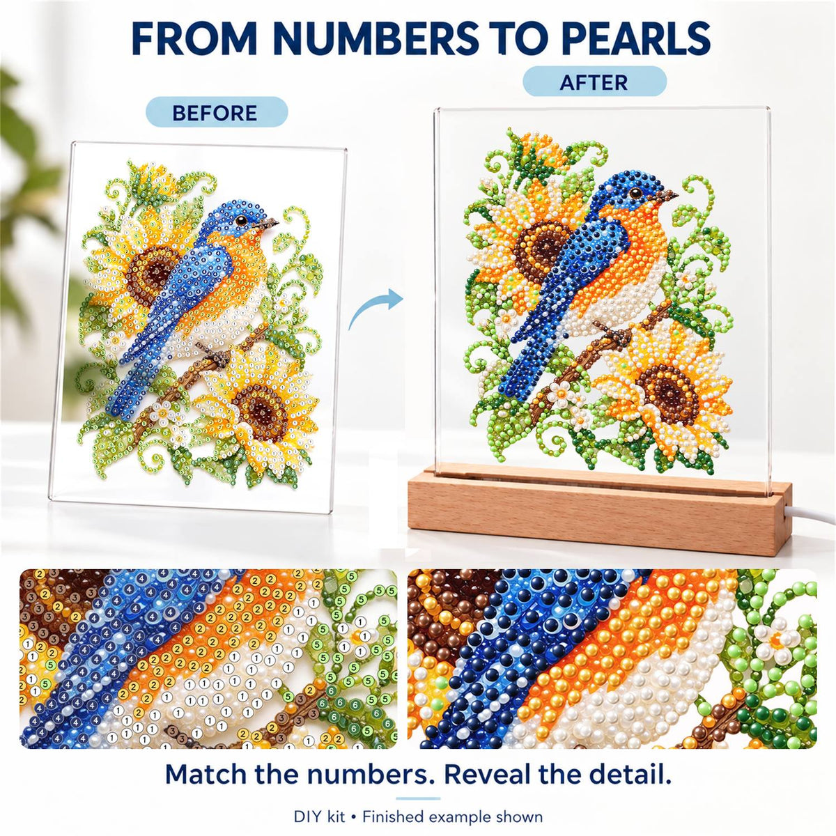 Bluebird on a Sunflower Branch (Light-Up Pearl Painting)