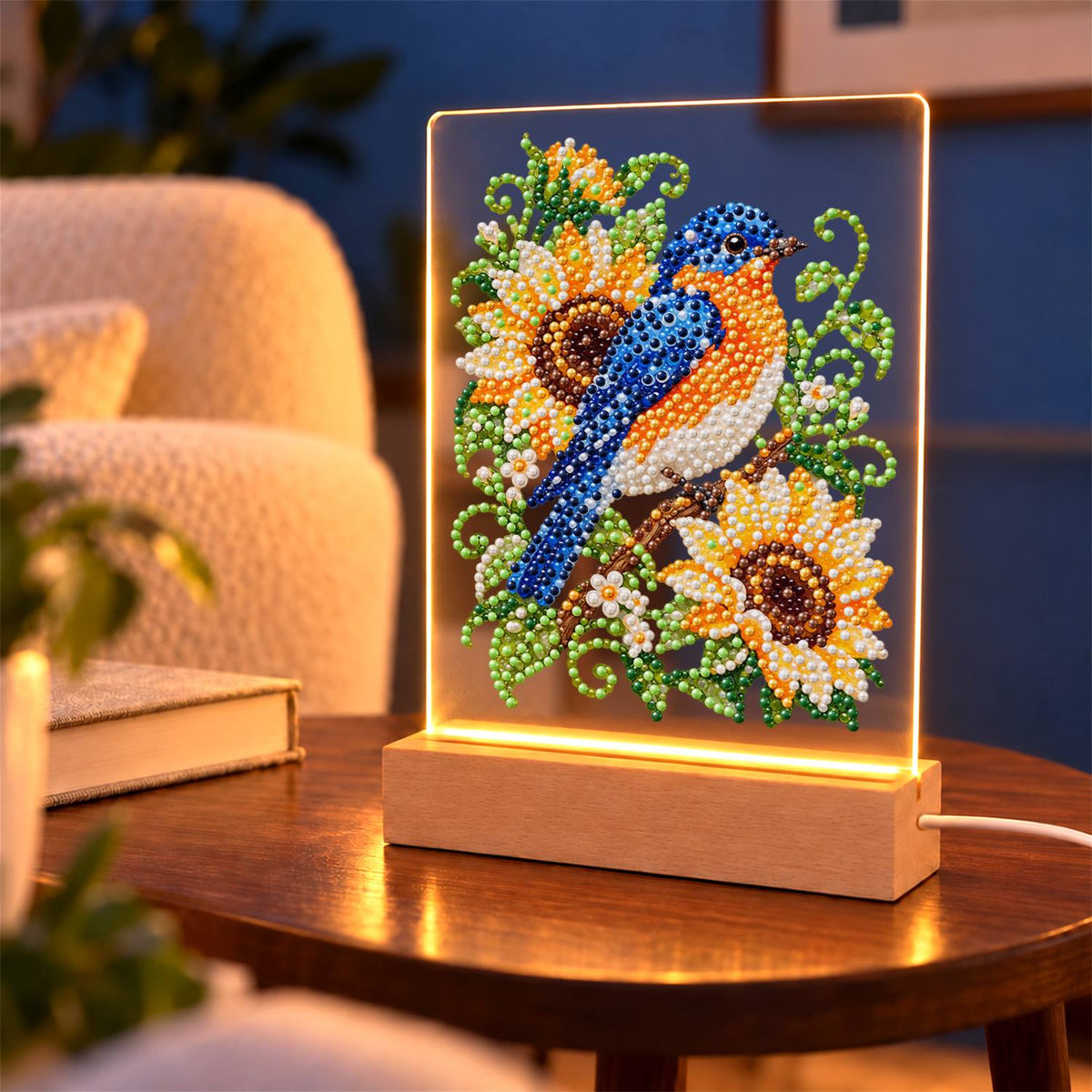 Bluebird on a Sunflower Branch (Light-Up Pearl Painting)