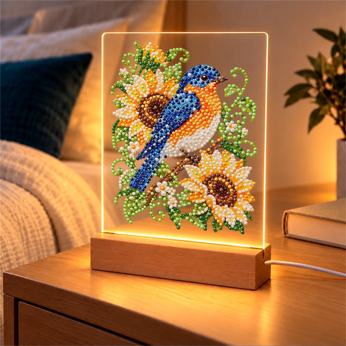 Bluebird on a Sunflower Branch (Light-Up Pearl Painting)