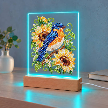 Bluebird on a Sunflower Branch (Light-Up Pearl Painting)