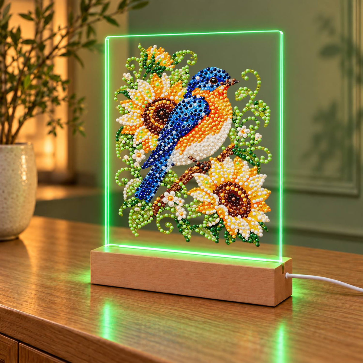 Bluebird on a Sunflower Branch (Light-Up Pearl Painting)