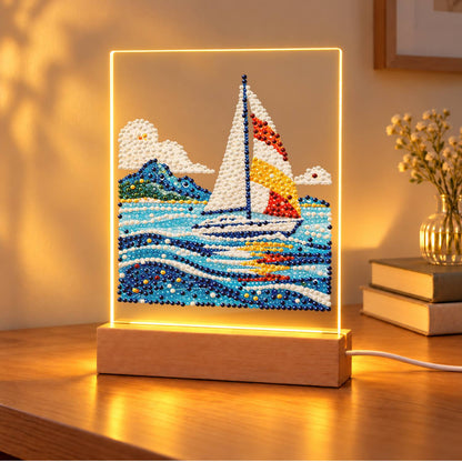 Sailboat on Rolling Blue Waves (Light-Up Pearl Painting)