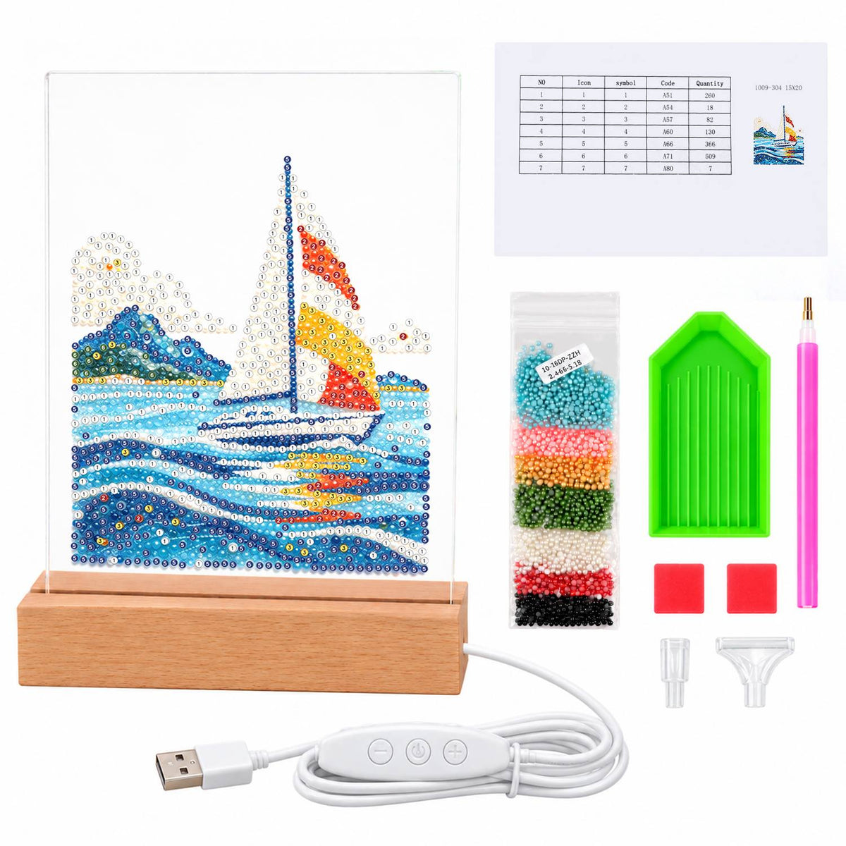 Sailboat on Rolling Blue Waves (Light-Up Pearl Painting)
