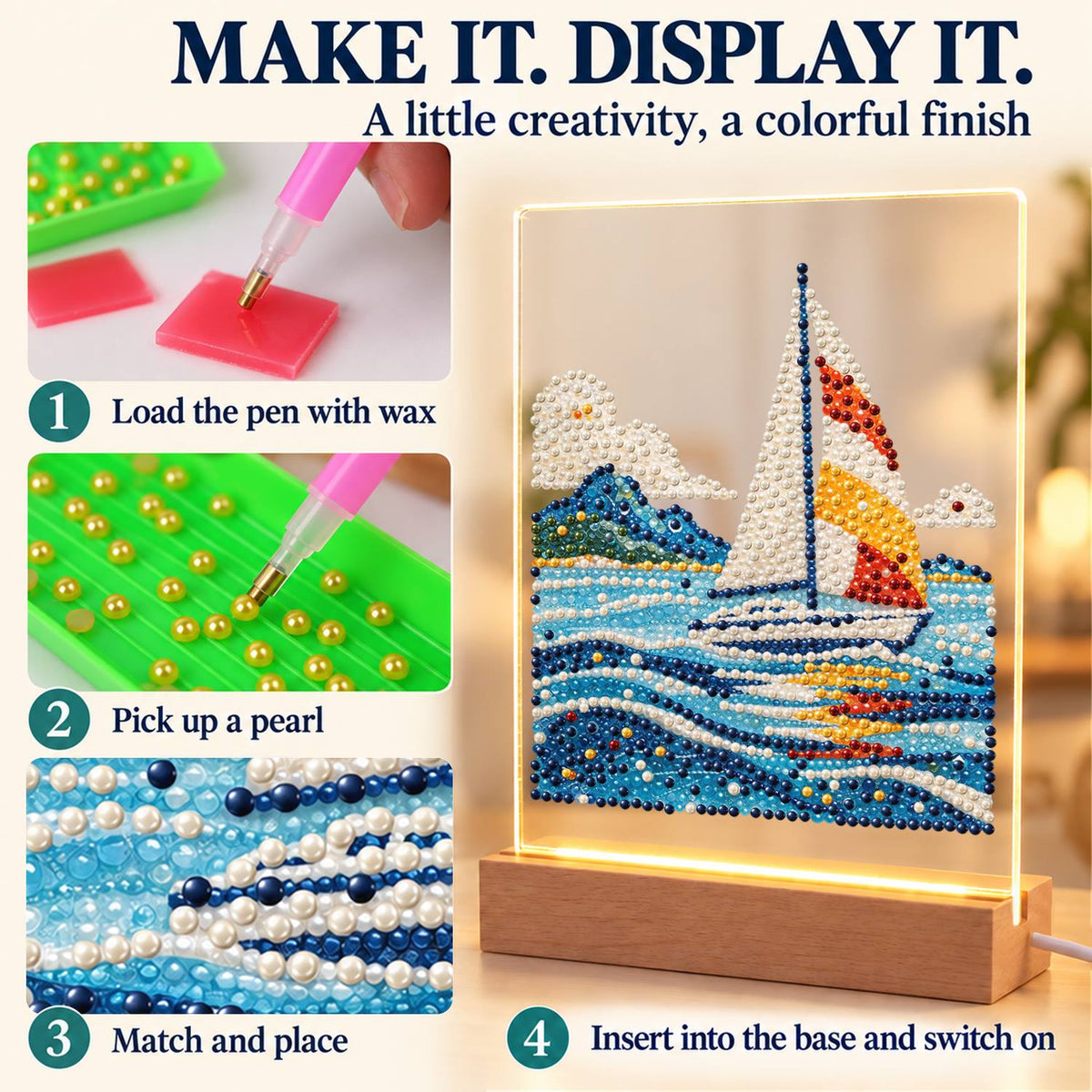 Sailboat on Rolling Blue Waves (Light-Up Pearl Painting)