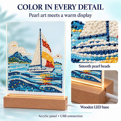 Sailboat on Rolling Blue Waves (Light-Up Pearl Painting)
