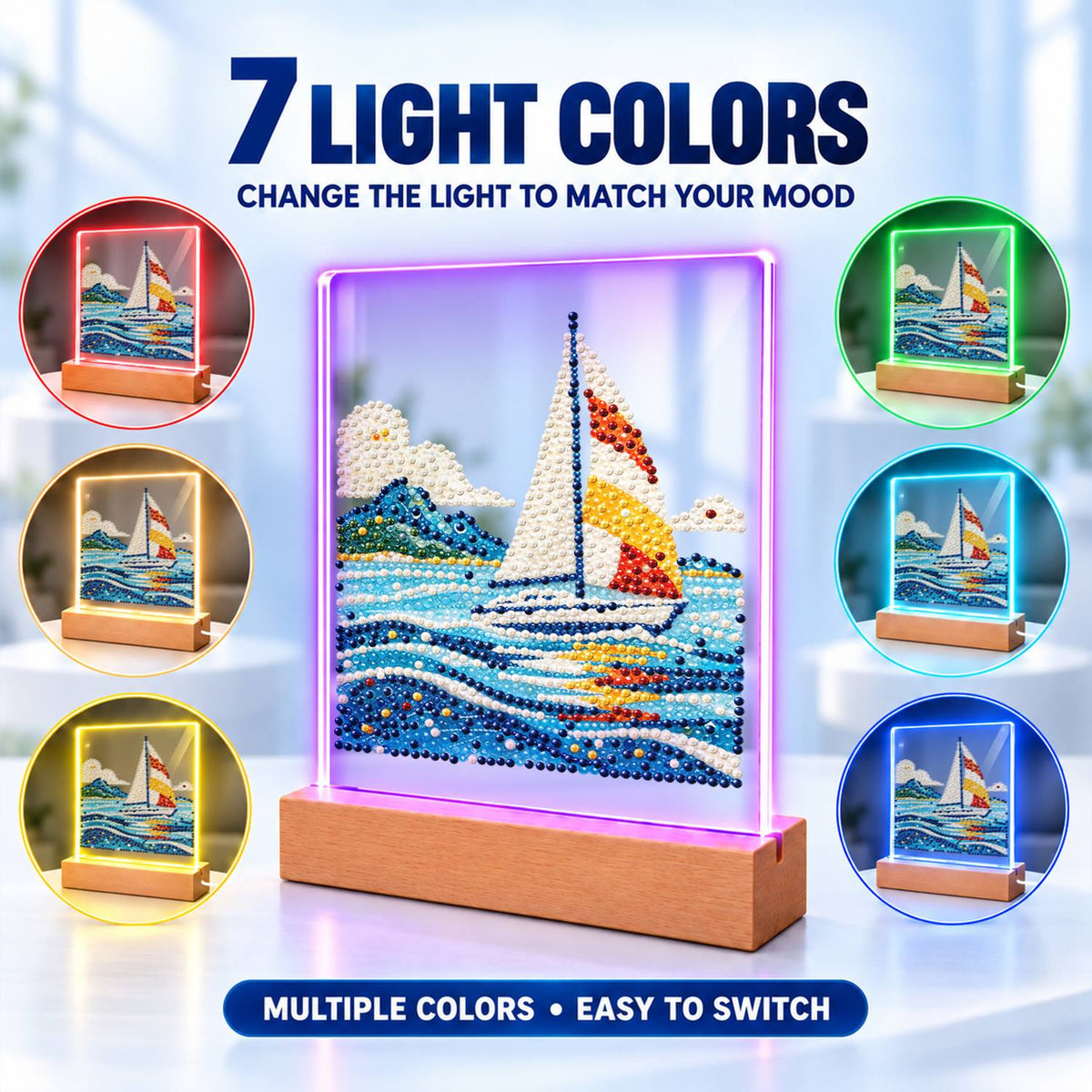 Sailboat on Rolling Blue Waves (Light-Up Pearl Painting)
