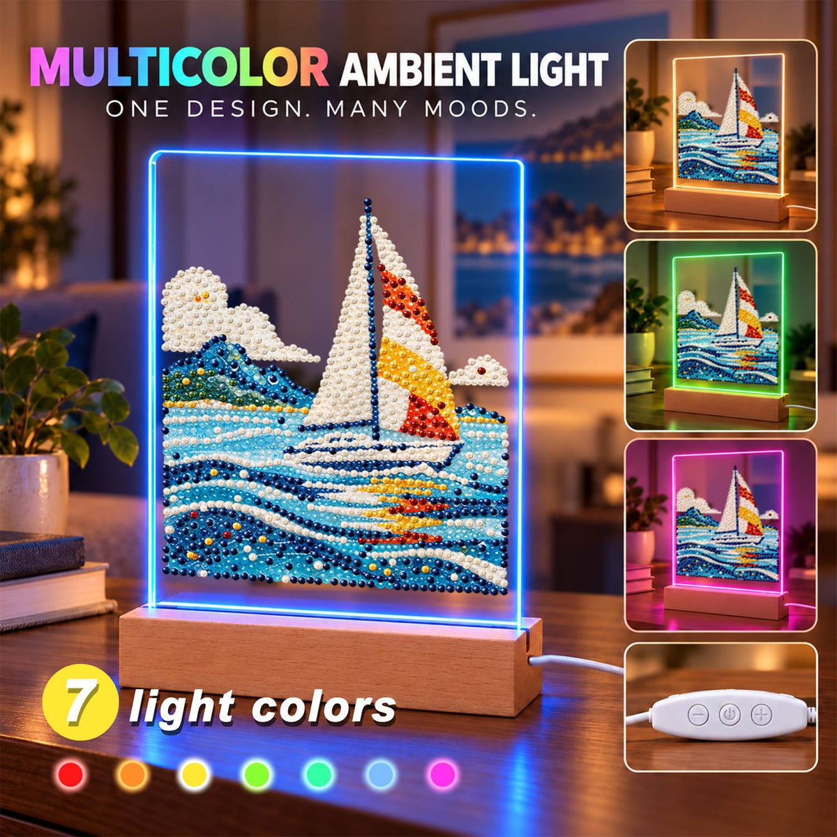 Sailboat on Rolling Blue Waves (Light-Up Pearl Painting)