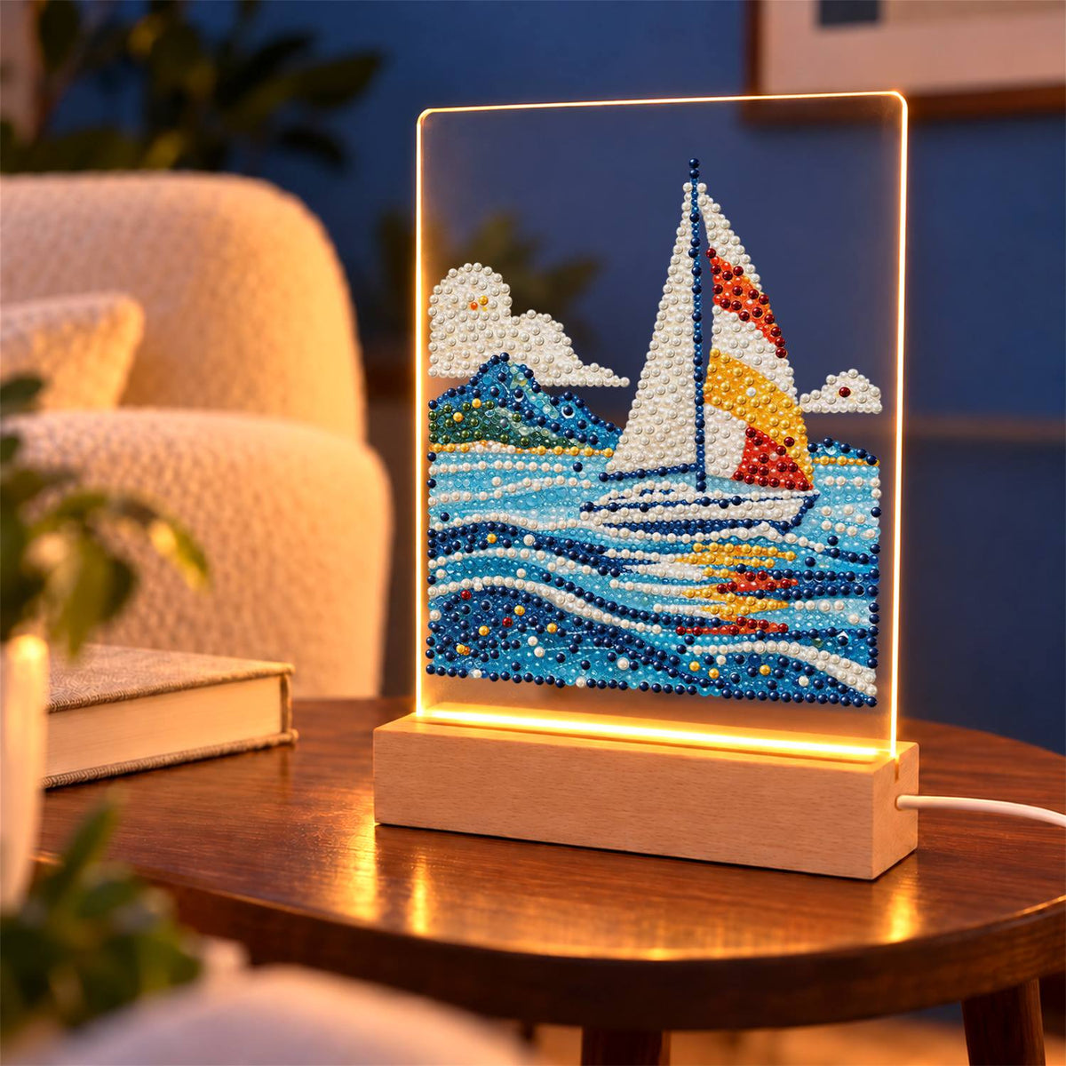 Sailboat on Rolling Blue Waves (Light-Up Pearl Painting)