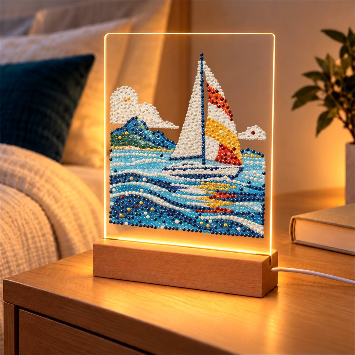 Sailboat on Rolling Blue Waves (Light-Up Pearl Painting)