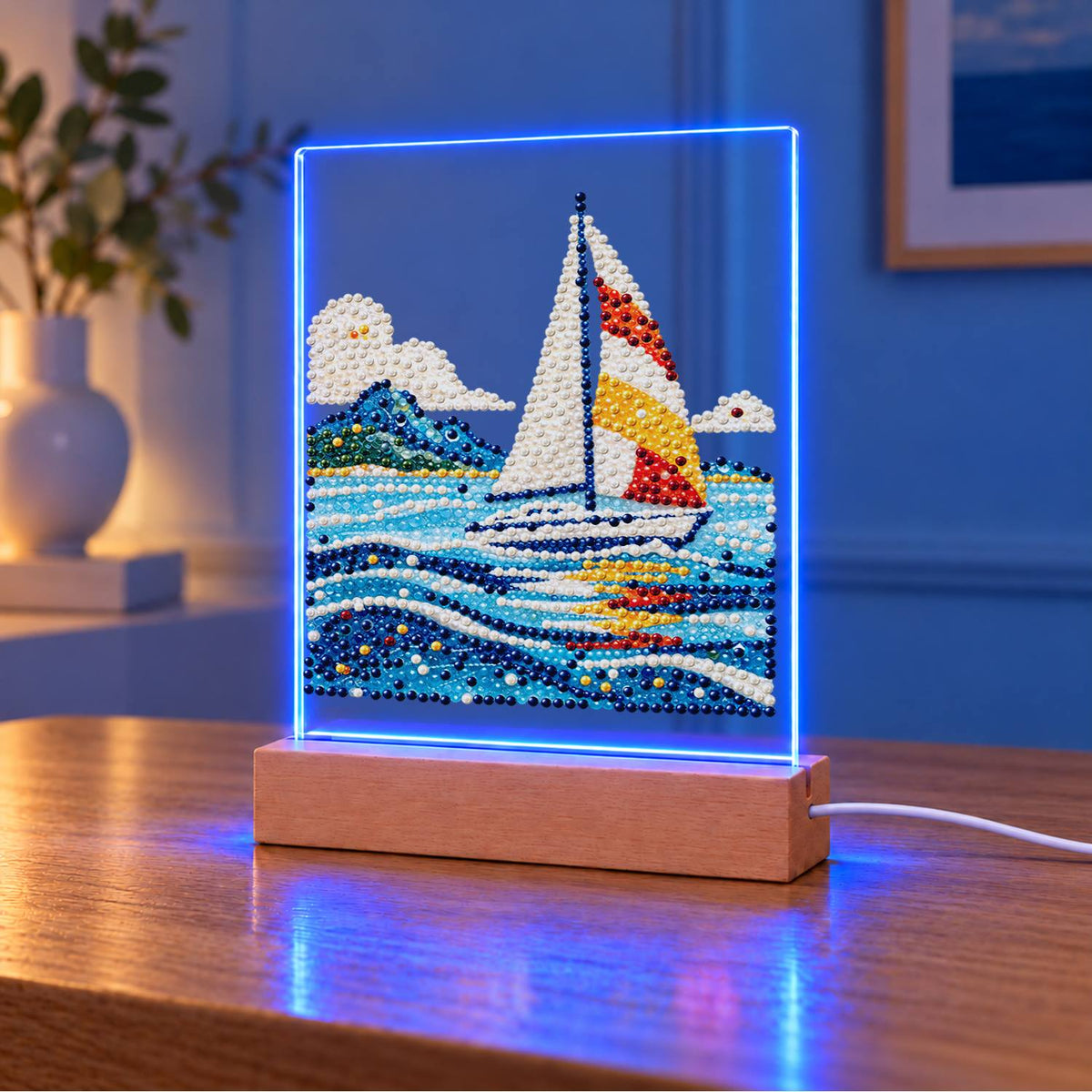 Sailboat on Rolling Blue Waves (Light-Up Pearl Painting)