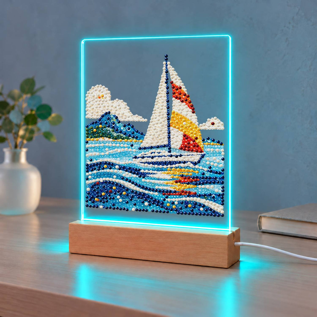 Sailboat on Rolling Blue Waves (Light-Up Pearl Painting)