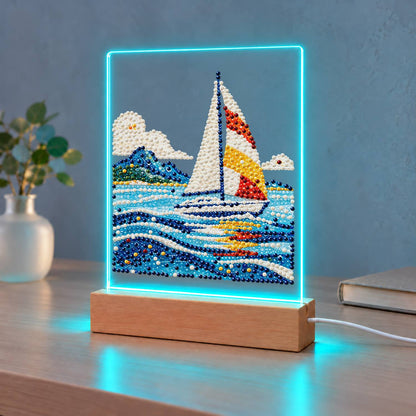 Sailboat on Rolling Blue Waves (Light-Up Pearl Painting)