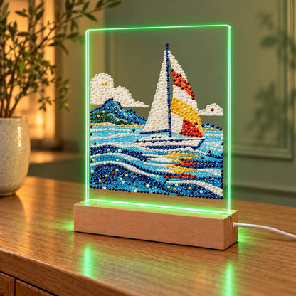 Sailboat on Rolling Blue Waves (Light-Up Pearl Painting)