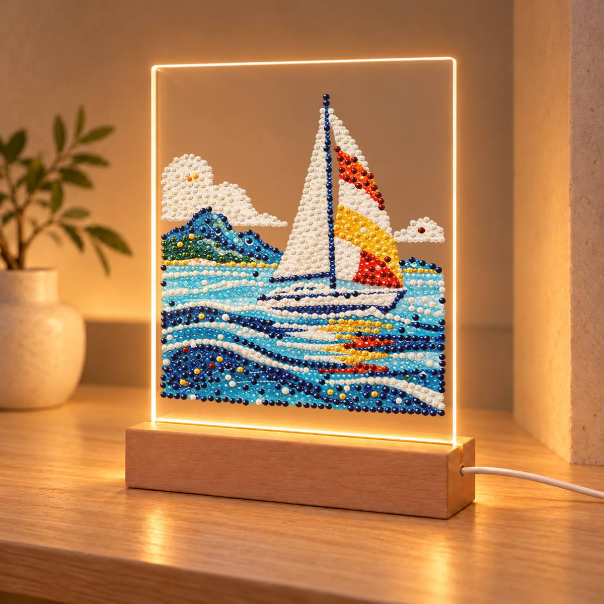 Sailboat on Rolling Blue Waves (Light-Up Pearl Painting)