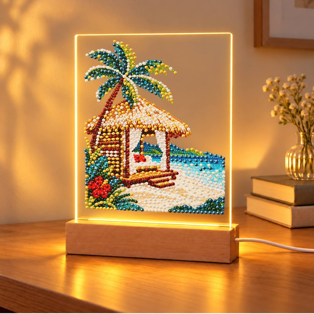 Thatched Cabana with Hibiscus (Light-Up Pearl Painting)