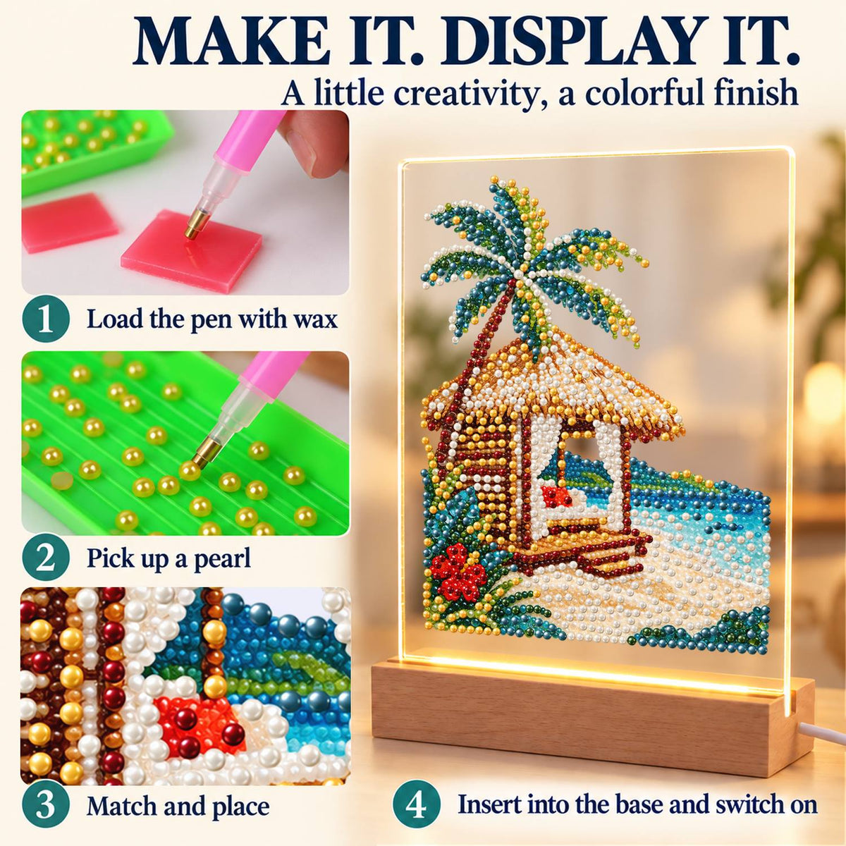 Thatched Cabana with Hibiscus (Light-Up Pearl Painting)