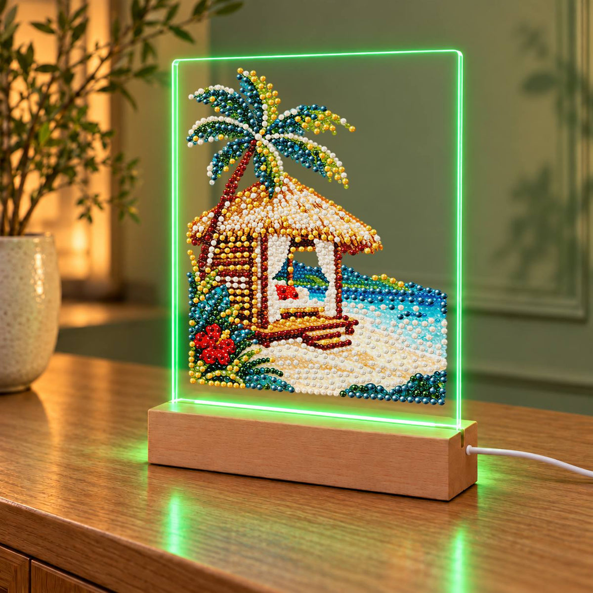 Thatched Cabana with Hibiscus (Light-Up Pearl Painting)