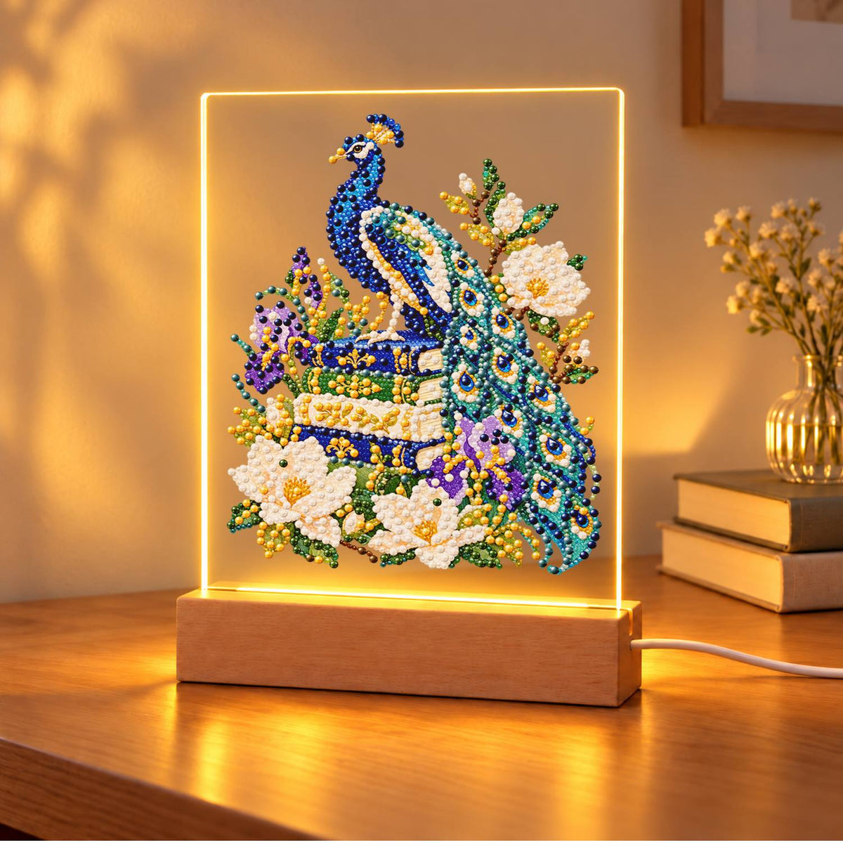 Peacock Perched on Old Books (Light-Up Pearl Painting)