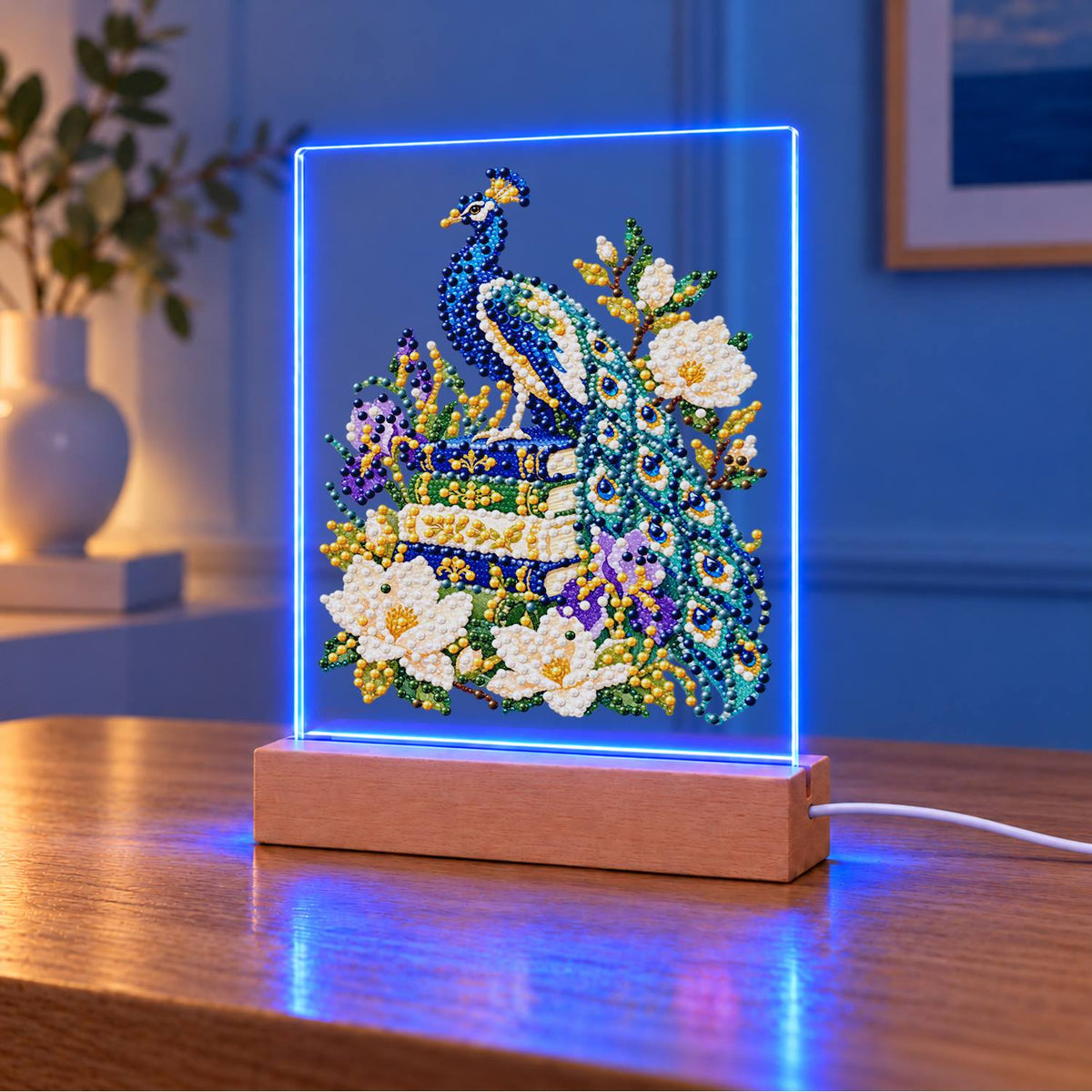 Peacock Perched on Old Books (Light-Up Pearl Painting)
