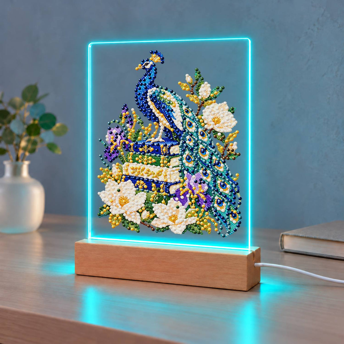 Peacock Perched on Old Books (Light-Up Pearl Painting)
