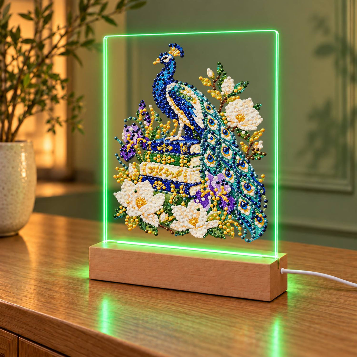 Peacock Perched on Old Books (Light-Up Pearl Painting)