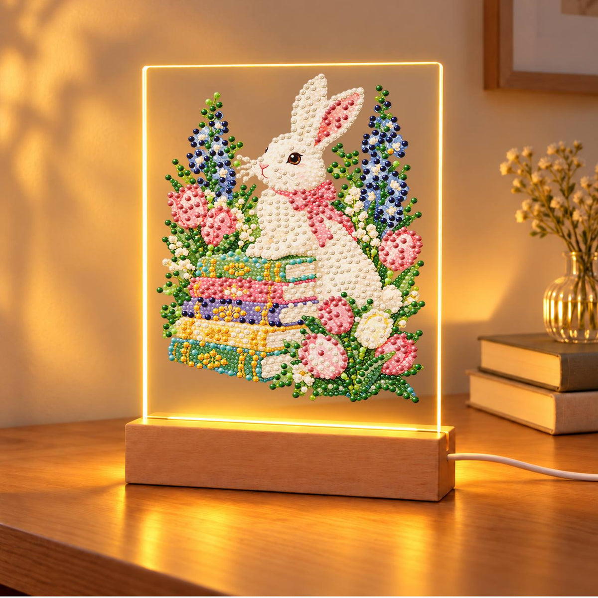 Bunny with a Bow on Books (Light-Up Pearl Painting)