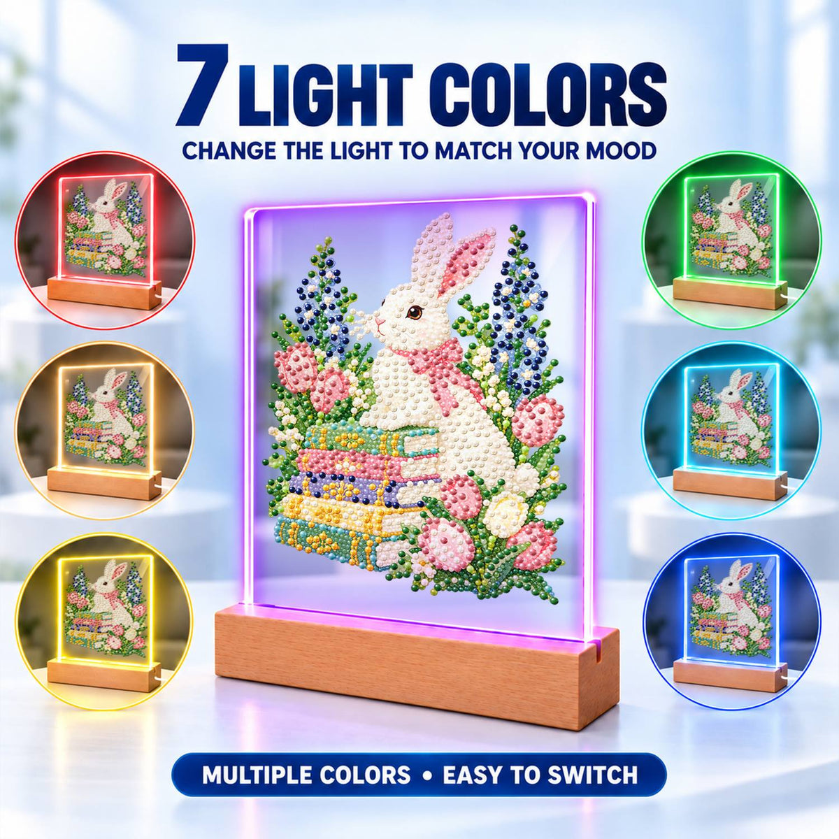 Bunny with a Bow on Books (Light-Up Pearl Painting)