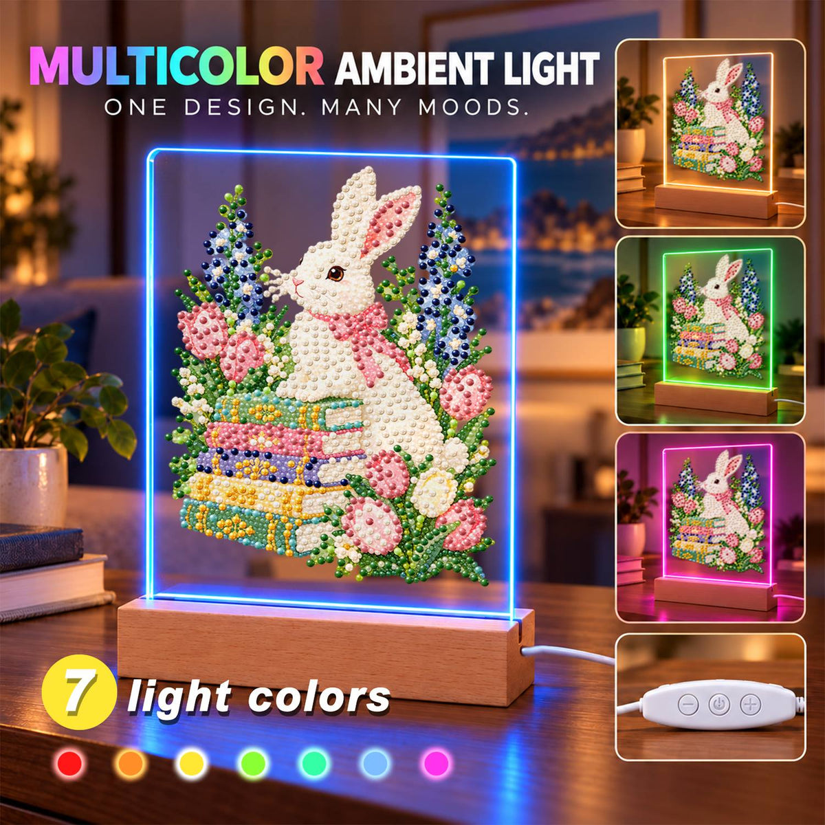 Bunny with a Bow on Books (Light-Up Pearl Painting)