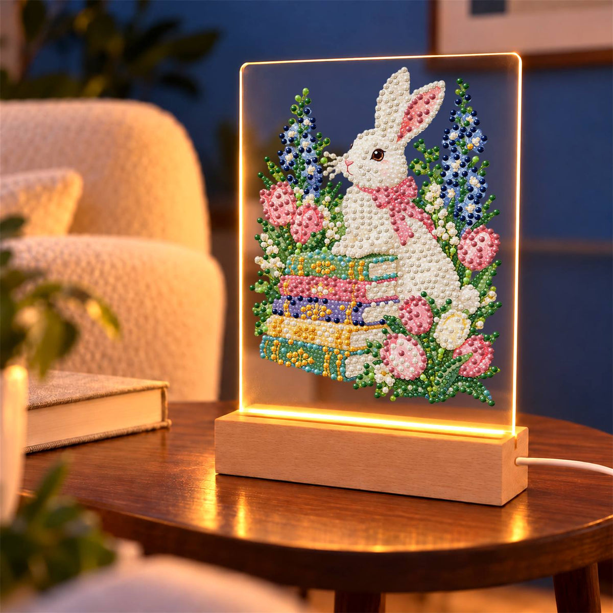 Bunny with a Bow on Books (Light-Up Pearl Painting)