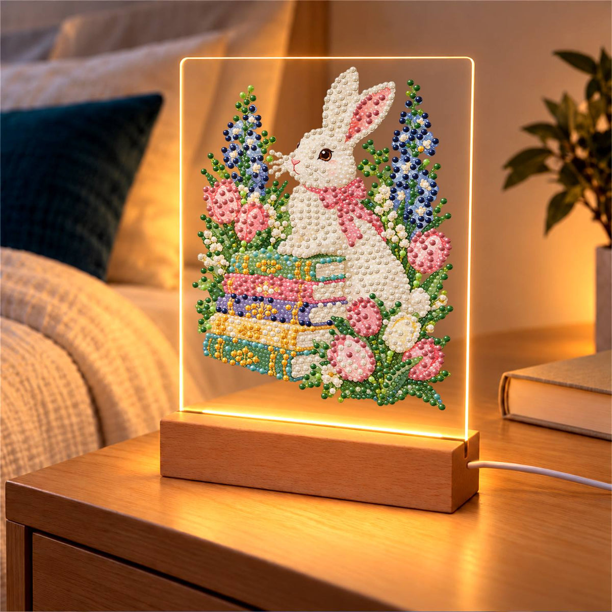 Bunny with a Bow on Books (Light-Up Pearl Painting)
