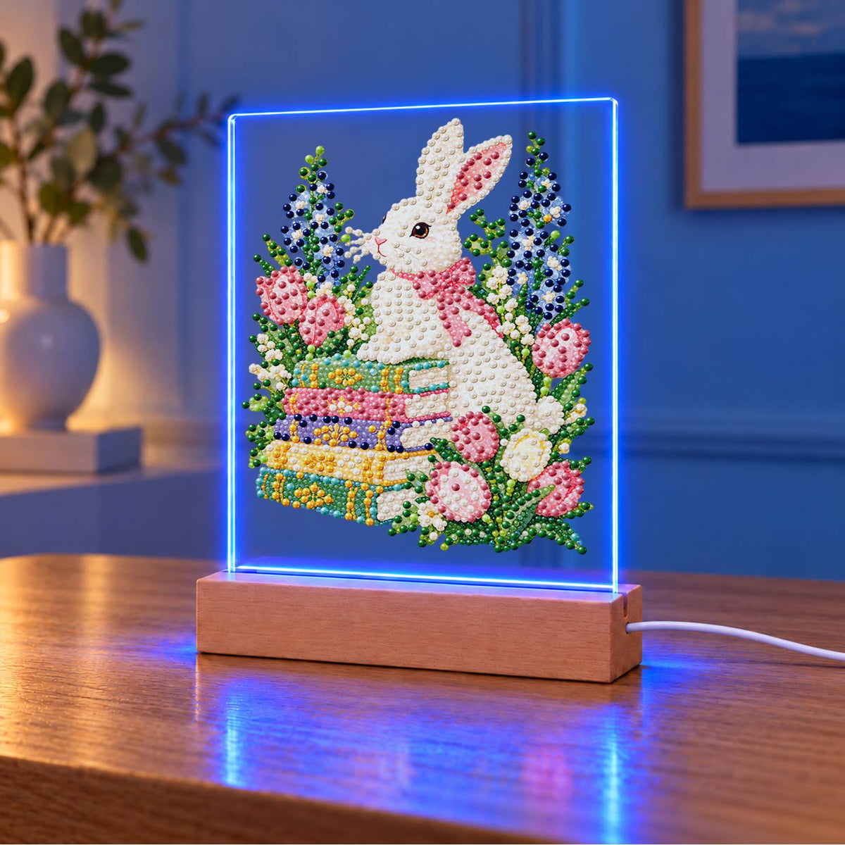 Bunny with a Bow on Books (Light-Up Pearl Painting)