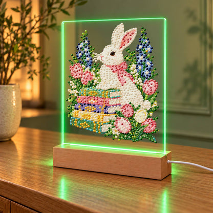 Bunny with a Bow on Books (Light-Up Pearl Painting)