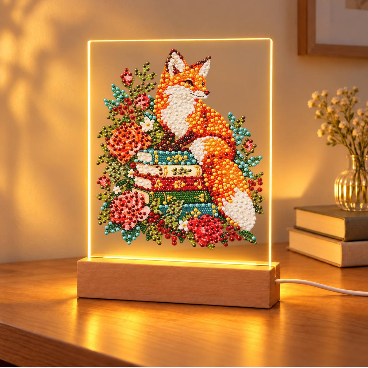 Fox Atop a Stack of Books (Light-Up Pearl Painting)