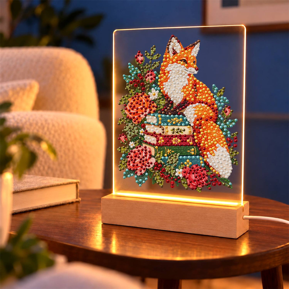 Fox Atop a Stack of Books (Light-Up Pearl Painting)